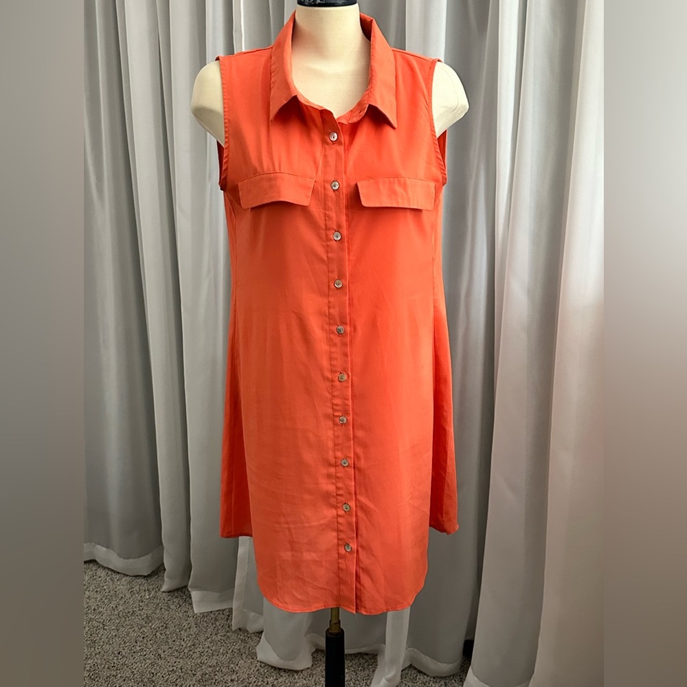 Sheer Button Down Front Collared tunic Sleeveless orange Size L